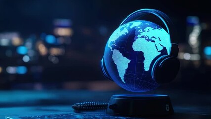 Wall Mural - futuristic global connectivity concept with digital earth and headphones representing music and tech