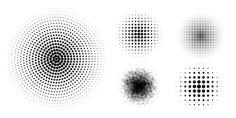 Set of halftone dots gradient pattern texture isolated on white background. Straight dotted spots using halftone circle dot raster texture. Vector blot half tone collection.