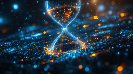 Leinwandbilder - A glowing hourglass symbolizing the passage of time, surrounded by shimmering particles and digital elements, reflecting innovation.