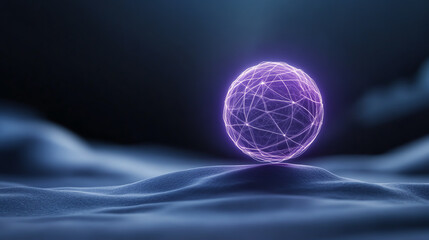 Poster - A glowing purple sphere with interconnected lines representing technology, innovation, and futuristic concepts in a digital landscape.