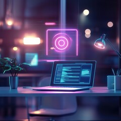 Cybersecurity Night, Neon Glow on Laptop Screen