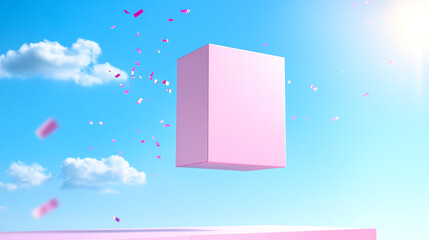 Aufkleber - A vibrant pink cube hovers in a bright blue sky, surrounded by colorful confetti and soft clouds, evoking a sense of creativity.