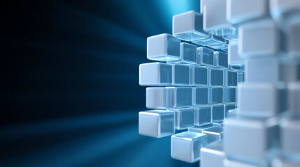 Poster - Abstract image of digital cubes creating a 3D effect with blue lighting, representing innovation and technology advancement.