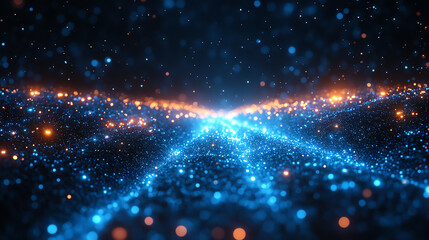Aufkleber - Futuristic abstract digital background showing a vibrant blue and orange cosmic landscape with shimmering particles and depth.