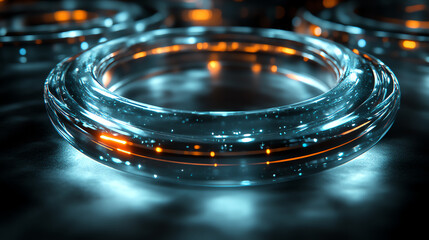 Aufkleber - Futuristic glass ring structures illuminated by glowing orange lights, creating a visually stunning abstract composition.
