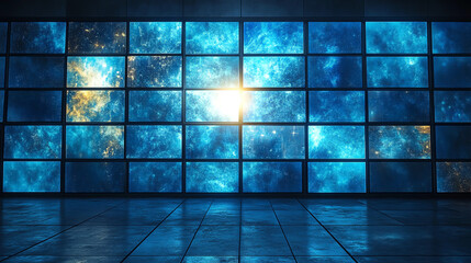 Leinwandbilder - Futuristic display wall showcasing vibrant galaxies and cosmic visuals, ideal for digital art and space-themed projects.