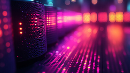 Poster - Futuristic sound devices illuminated by vibrant lights create a dynamic atmosphere, reflecting innovation and modern design.