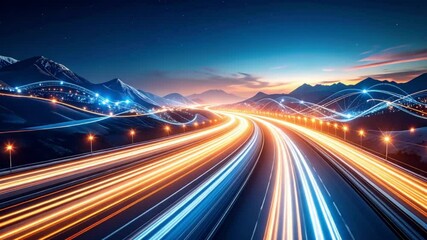 Night highway, light trails, mountain backdrop, data network, tech concept