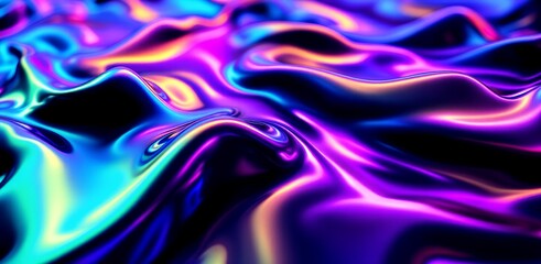 Wall Mural - 3D Render Metallic Liquid Background   Neon Holographic Foil Texture in Blue and Purple

