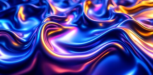 Wall Mural - 3D Render Metallic Liquid Background   Neon Holographic Foil Texture in Blue and Purple

