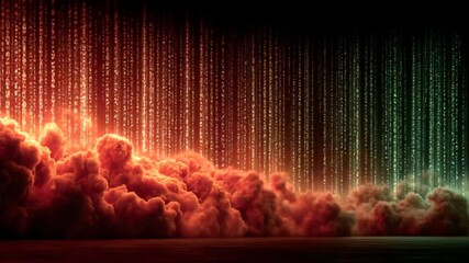 Surreal Digital Landscape: Falling Code and Ethereal Clouds in a Tech-Driven Dreamscape