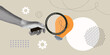 © Loya.art - Halftone collage idea search. Hand holding magnifying glass with lightbulb. Smart thinking, bright vision, clue, solution, insight.  Find target. Trendy retro vector illustration.