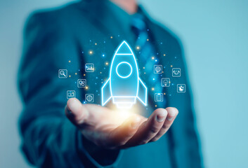 businessman and rocket start flying up and network line connection. startup concept planning and sta