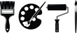 © Dab 32 Bore - A black and white illustration of various painting tools including brushes and a paint roller and palette
