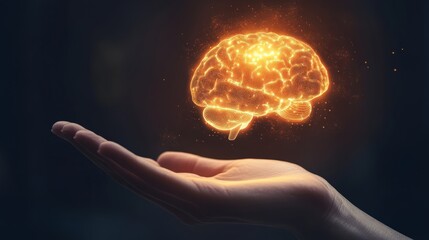 Wall Mural - glowing brain floating above open human hand representing artificial intelligence, innovative thinki