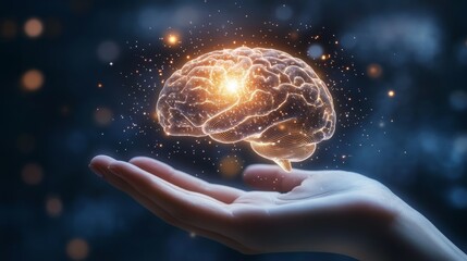Wall Mural - glowing brain floating above open human hand representing artificial intelligence, innovative thinki