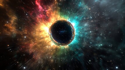 Wall Mural - a holographic logo floating in a dark void, with beams of light radiating outward in vibrant colors
