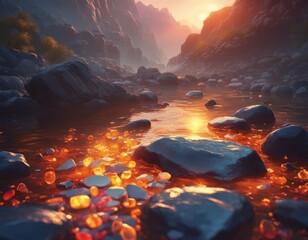 Wall Mural - Fantasy landscape. Mountain river and stones.