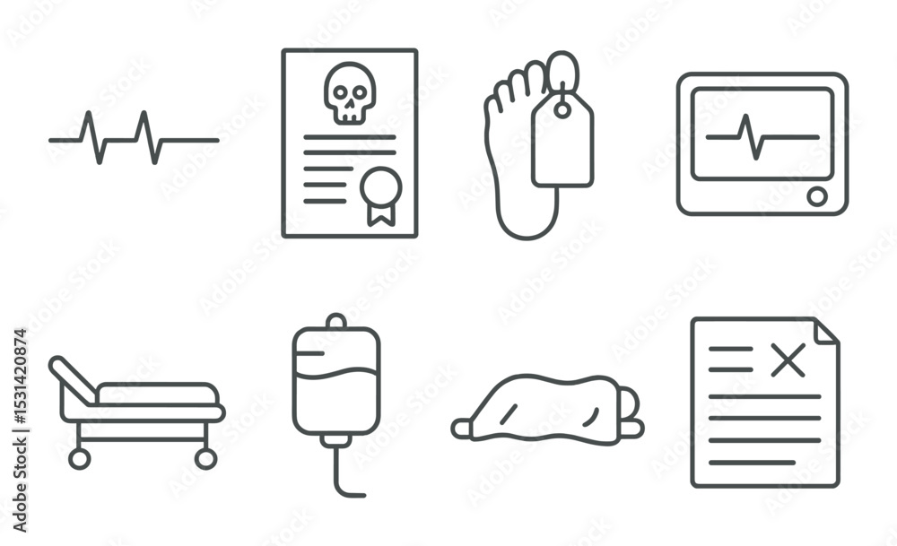 Medical death set. linear healthcare icons: ecg, certificate, autopsy ...