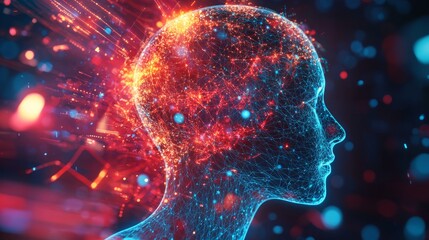 Wall Mural - profile of human head with glowing brain connected by neural networks and flowing data streams repre