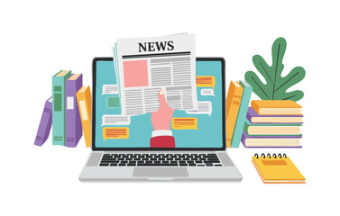 Flat illustration Online News and Information Access - Laptop, Books, and Digital Newspaper Concept