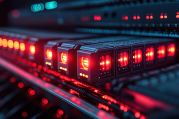 Row of red lights on a rack.