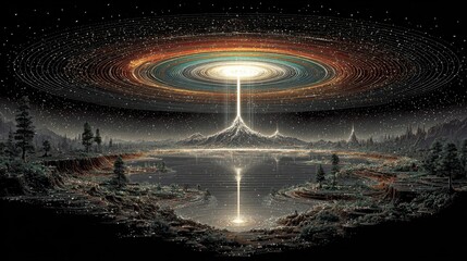 Wall Mural - A mesmerizing cosmic display illuminates the night sky above a tranquil lake, surrounded by mountains. Vibrant colors swirl in a harmonious blend, creating a dreamlike atmosphere.