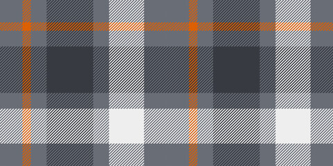 seamless gray, orange, black, and white tartan plaid pattern with bold diagonal stripes. geometric c