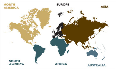  New modern world map, with names, Europe, Africa, Asia, Australia, North America, and South America world map graphic, Countries Silhouettes Stock Illustrations, Vectors