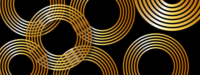 Aufkleber - Abstract luxurious geometric pattern  concentric golden circles and curved gold lines on a deep black background. Flowing parallel arcs, giving a sense of elegance, symmetry, and movement. 