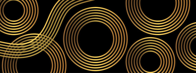 Aufkleber - Abstract luxurious geometric pattern  concentric golden circles and curved gold lines on a deep black background. Flowing parallel arcs, giving a sense of elegance, symmetry, and movement. 