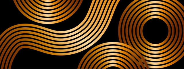 Aufkleber - Abstract luxurious geometric pattern  concentric golden circles and curved gold lines on a deep black background. Flowing parallel arcs, giving a sense of elegance, symmetry, and movement. 