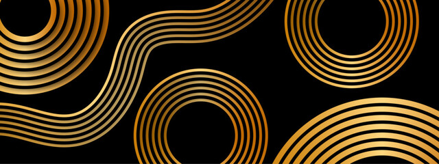 Poster - Abstract luxurious geometric pattern  concentric golden circles and curved gold lines on a deep black background. Flowing parallel arcs, giving a sense of elegance, symmetry, and movement. 