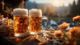 Werbebanner für den glücklichen Bier Tag, Oktoberfest oder Wiesen, Krügen erfrischender Getränke. Bayerisches Bier. Bayern, Bayerisch, Weizen, Hefe oder Weißbier, Wies