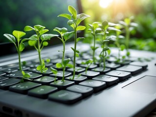 Wall Mural - Vibrant Green Seedlings Sprouting from Laptop Keyboard Closeup Shot Nature Technology Growth Concept
