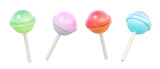 Set of lollipop colorful on isolated background. sweet glassy cute cartoon design food kids, childhood birthday summer concept. 3d render illustration