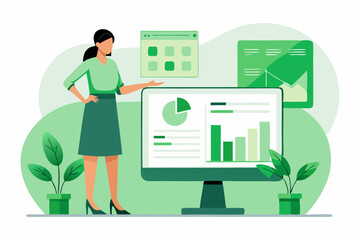 woman presenting data graph on computer, office report, business insight, professional presentation,