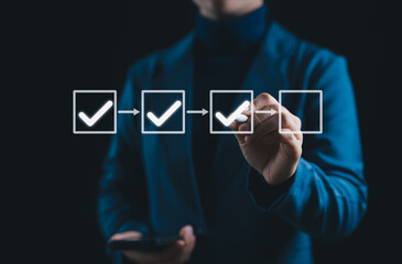 Poster - Checklist Process and Quality Assurance Workflow Concept. Businessperson checks checkboxes, symbolizing task management, step-by-step processes, workflow control, quality assurance, and productivity.