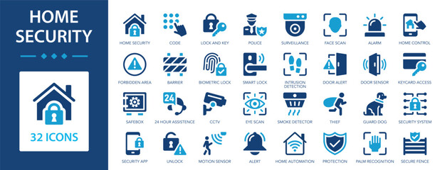 Home security flat icons collection. Code, lock, key, alarm, biometric lock, police, thief, CCTV, barrier sign set.