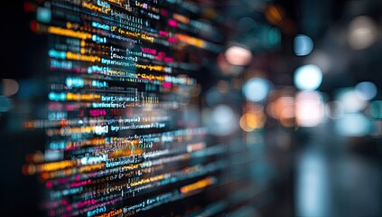 Close-up of colorful computer code on a monitor, blurred city lights in background