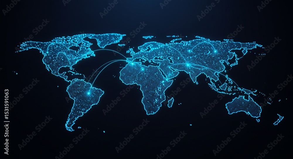 Glowing digital world map with neon blue lines and data points on a ...
