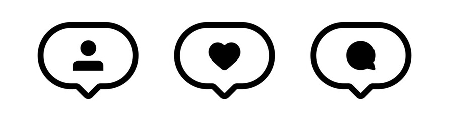 Aufkleber - like, comment, and follower in speech bubbles icon outline style. set of social media engagement icons symbols, for digital platforms, notifications, and digital communication design