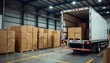 © BeeSee - Interior of a logistic warehouse, Many cardboard boxes stacked on wooden pallets in large indoor warehouse. White refrigerated truck parked inside warehouse. Cold chain, created with generative ai