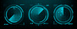 © hiten666 - Set of three glowing blue hud radar display elements with scan lines and targets on a grid background. Technology concept. Vector graphics.