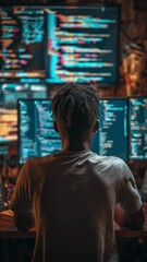 An african american programmer types code at a multi-monitor setup in vertical video. Concept of digital innovation.