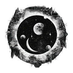 Wall Mural - png paper collage of a magic circle esoteric circle night black.