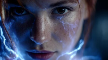 Wall Mural - electric blue current traversing female facial contours, generating striking futuristic visual narra