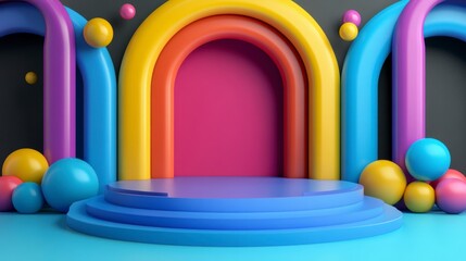 Poster - Colorful 3D rendered abstract background with arches, spheres, and a platform.