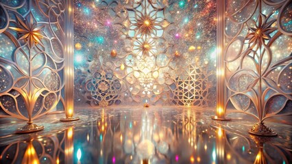 Wall Mural - celestial chamber a reflective floor mirrors the golden intricate latticework and sparkling cosmic b