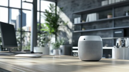 Poster - Smart speaker on modern office desk, near computer, plants, and shelves.